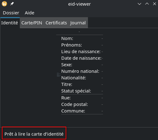 L'image montre le logiciel "eid-viewer" qui indique en bas à droite dans la barre de status : "Prêt à lire la carte d'identité".