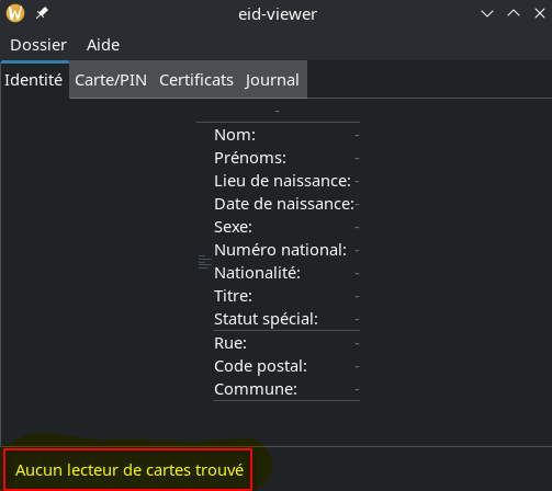 Le logiciel "eid-viewer" indique en bas à gauche "Aucun lecteur de cartes trouvé"